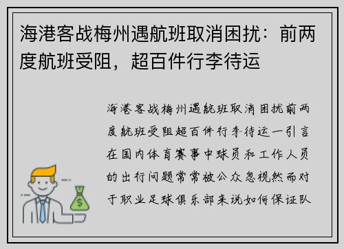海港客战梅州遇航班取消困扰：前两度航班受阻，超百件行李待运