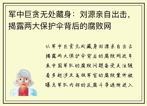 军中巨贪无处藏身：刘源亲自出击，揭露两大保护伞背后的腐败网